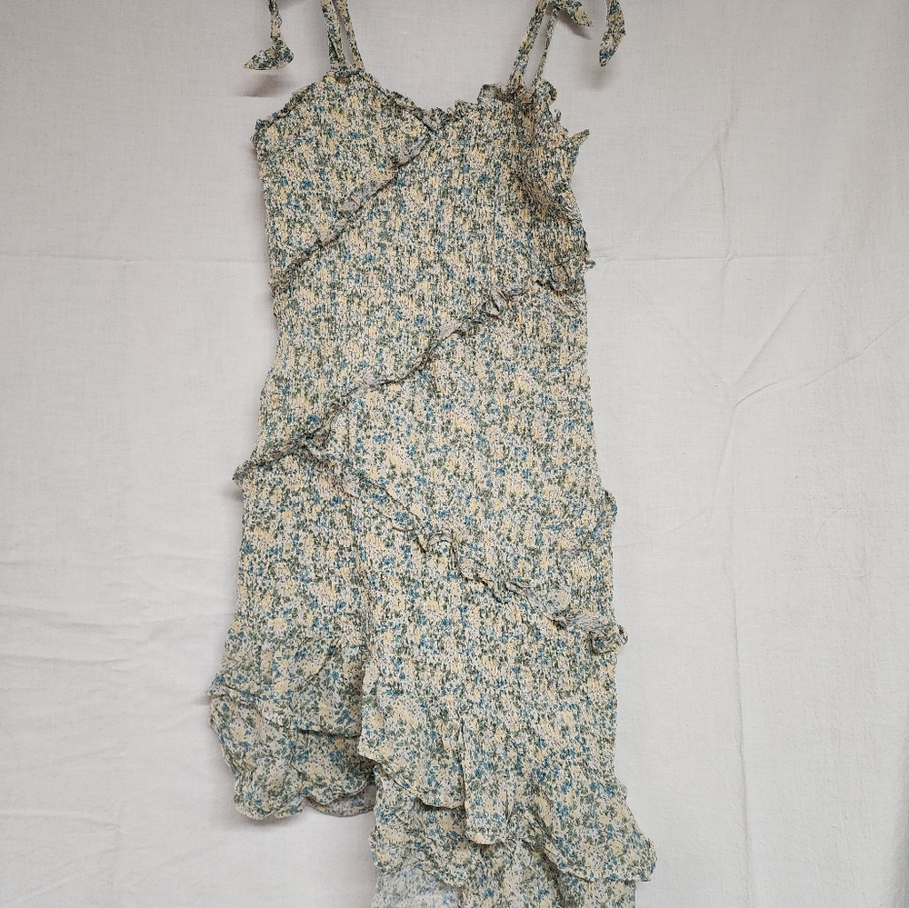 Floral Shirred Asymetrical Mini with Tie Straps